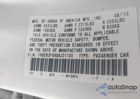2013 Honda Accord Ex-L from USA, damaged, VIN 1HGCR2F89DA231105